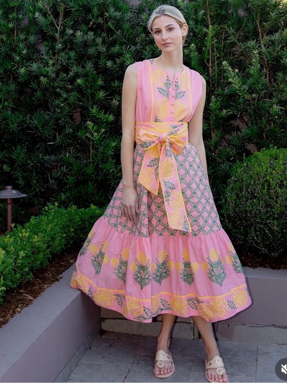 Sleeveless Pink Floral Embroidered Tie-Waist Midi Dress